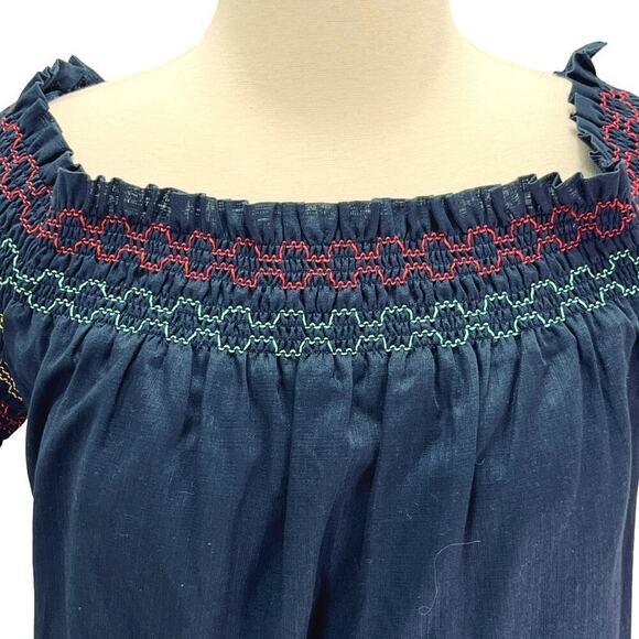 Trina Turk Embroidered Off The Shoulder Smocked Blouse Cotton Indigo Small NWT - Picture 5 of 12